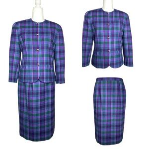 Pendleton Wool Plaid Blazer Skirt Suit Set‎ Women's Purple Green Vintage Size M